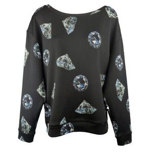 Juicy Couture Black Pullover Sweater Diamond Print Dolman Sleeve Crew Neck M